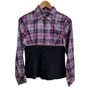 VTG Y2K Plaid Pop Punk Collared Top S Purple Button Up Avril Lavigne Skater